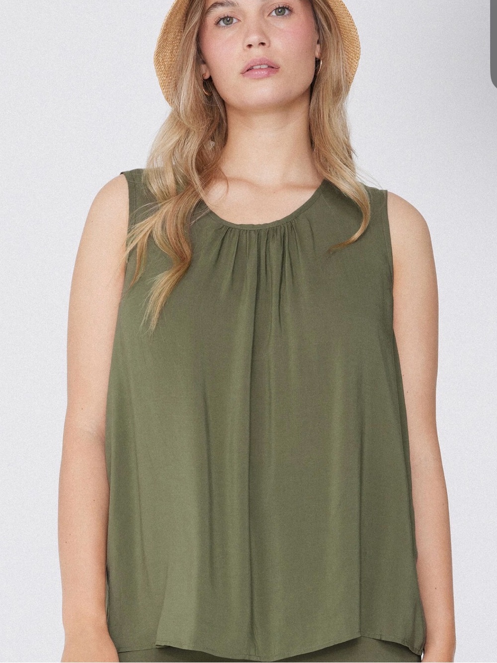 Sleeveless Olive Green Pleated Round-Neck Women’s Top